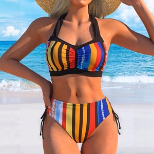 Conjunto de Dos Piezas para Mujer, Estilo Europeo <span class=keywords><strong>Americano</strong></span> 2025, Cuello con Abertura Lateral, Rayas, Spandex/Poliéster, Bikini Sexy con Espalda Descubierta, con Relleno en el Pecho, Tipo <span class=keywords><strong>Boxer</strong></span> - Product Image 3