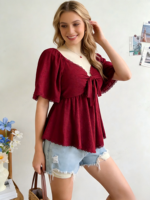 Atasan Berongga Sederhana Kasual Kemeja Lengan Pendek Berlubang Produk Rajutan Kerah V Atasan untuk Wanita Kaus Wanita Ootd
