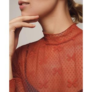 FOXA Blouse à col roulé en dentelle à manches longues pour femme, broderie florale transparente, coupe régulière, style chic - Product Image 4