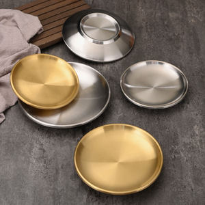 จานกลมสแตนเลสสองชั้นสีทอง เกรดอาหาร 304 สำหรับร้านอาหาร บาร์บีคิว จานตื้น สีพื้น - Product Image 3