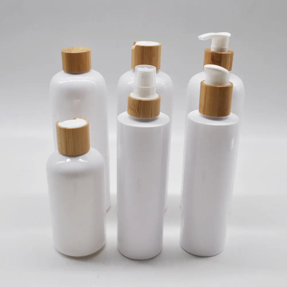 Luxury Plastic Bottles And Jars Skin Care Set Packaging Bottle Lotion Dispenser With Bamboo Pump 100ml 200ml 250ml