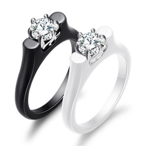 Anillo de cerámica, titanio, acero y circonita, blanco y negro, anillos de pareja para compromiso, joyería unisex. - Product Image 1