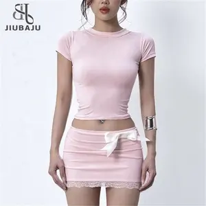 Pink 2 Piece Set Y2K Skirt Women's Round Neck Short Sleeve Top Low Waist Lace Bow Wrap Hip Mini Dress Girl Summer Outfit