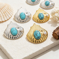 Breloques Coquillages Style Océan, Pendentifs en Acier Inoxydable Incrustés de Turquoise et d'Imitation de Perle, Accessoires de Bijoux DIY