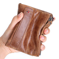 Dompet Pendek Kulit Asli dengan Dua Resleting, Banyak Slot Kartu, Kantong Koin, Dompet Lipat Kulit Sapi Vintage untuk Pria, Penggunaan Sehari-hari Kasual.