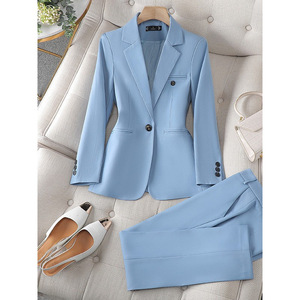 Women's Light Blue Two-Piece Suit Set Full Sleeve Formal Workwear Autumn Commute Interview Solid Color Ly8512 - Product Image 1