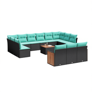 Ensemble de canapés de patio en polyrotin noir avec coussins, 14 pièces, mobilier de jardin extérieur, design contemporain, table en teck - Product Image 1