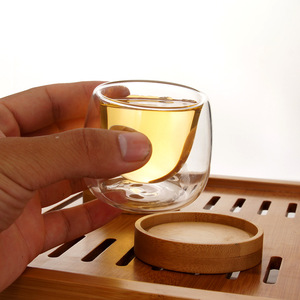 Hot Sale 80ml Small clear Double Wall Glass Tea <strong>Cup</strong> <strong>Set</strong> With Wooden Base - Product Image 2