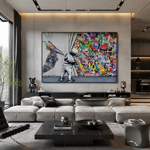 Quadro Moderno Dipinto a Mano su Tela Pop Art, Decorazione Murale Colorata Stile Graffiti Street Art Banksy per Villa, Designer e Loft - Product Image 1