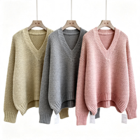 Pull en maille texturée épaisse à col en V pour femme, couleur unie avoine, coupe ample, manches longues, poignets côtelés, idéal pour l'automne – Marques privées