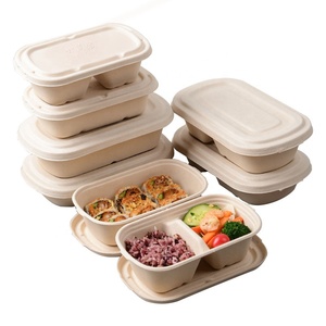 Sugarcane Bagasse Disposable lunch box 2 Compartments Lunch Plate Food Tray Bento Box With PET Lid