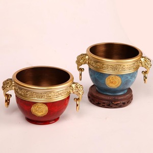 Pure brass ashtray/rice container, living room/office <b>decoration</b>, Chinese retro style, lion-ear bronze <b>jar</b>, colored bronze - Product Image 1