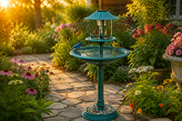 Estación de Baño para Pájaros Solar Cuatro en Uno con Comedero LED, Jardinera, Base de Piedra, Resina Resistente a la Intemperie para Decoración de Jardín