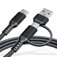Câble USB-A/C vers C en nylon tressé 2-en-1, charge rapide 3A pour ordinateur et écouteurs, longueur personnalisable