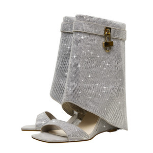 Bottines Peep Toe Femme Shark Lock Fashion à Talon Compensé et Strass Brillants – Chaussures Courtes pour Femmes - Product Image 2