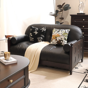 American Vintage Solid Wood Leather Sofa Full Grain Cowhide 123 Combination Living Room Mid-Century Modern Straight Four <b>Seat</b> - Product Image 1