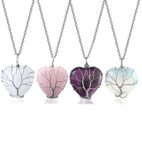 Pendentif en pierre naturelle tendance en forme de cœur, améthyste, quartz rose, turquoise, fait main, enroulé de fil, avec chaîne, pour femme - Vente chaude