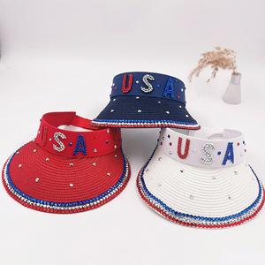 Femmes Été Extérieur Protection Solaire Large Bord Plage Lettres Drapeau Américain Strass Cristaux Visière Chapeau de Paille avec Pierres - Product Image 1