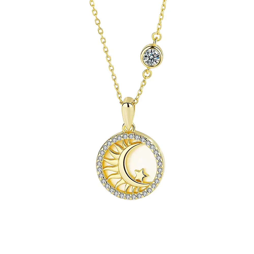 Modische Sonne Mond und Stern Perlenanhänger-Halsband 925 Sterling-Silber CZ-Münze Schneckenhalskette Reize feiner Schmuck