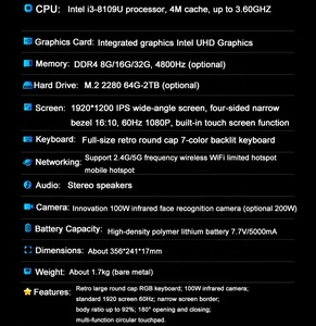 Ordinateur Portable à Écran Tactile de 16 Pouces, Intel Core I3 <span class=keywords><strong>8109U</strong></span> 8e Génération, Type-C, Déverrouillage par Reconnaissance Faciale pour Bureau et Voyages d'Affaires - Product Image 6