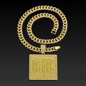 Conjunto de Joyería Chapado en Oro de 18K con Eslabones Cubanos y Cristales de Imitación, Colgante Cuadrado GB, Iniciales/Letras Personalizables, Unisex, Estilo Hip - Product Image 4