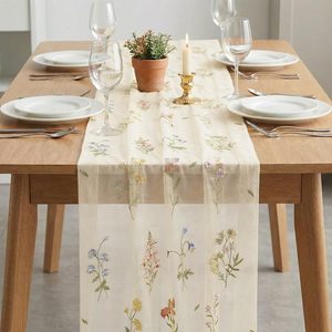 Runner da Tavola in Garza <span class=keywords><strong>Beige</strong></span> con Ricami Floreali, 120 Pollici 10FT, Decorazione Stagionale Primaverile per Tavolo da <span class=keywords><strong>Cucina</strong></span> e Sala da Pranzo - Product Image 3