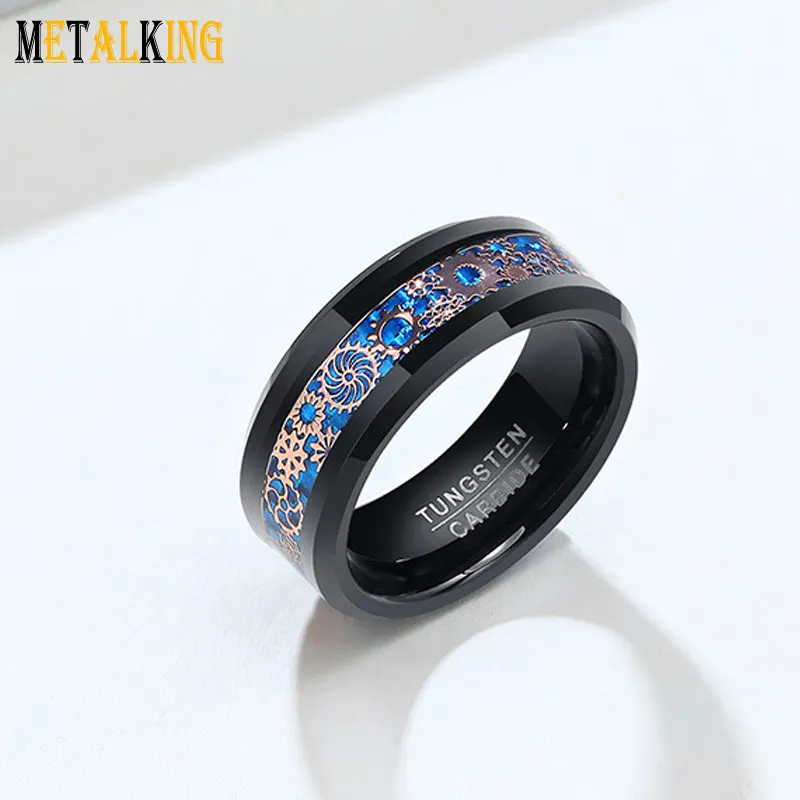 แหวนแต่งงานคาร์บอนไฟเบอร์สีฟ้า Beveled ขอบความสะดวกสบายพอดีแหวนทังสเตนสีดำขนาด8มม.