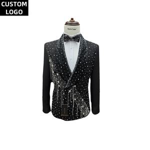 بدلة رجالية بشعار مخصص من قطعتين سترة رجالية بقصة ضيقة بذلات حفلات موسيقية سوداء مخيطة يدويًا فاخرة للرجال للزفاف - Product Image 5