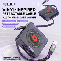 Câble de charge USB-C rétractable Energyfort DISC pour disques vinyles avec fonction NFC Tap to Play, logo personnalisé, organiseur de câbles portable