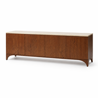 Meuble TV moderne et minimaliste avec plateau en pierre, base arquée sans poignées, 4 portes, en bois, avec plateau en travertin pour salon
