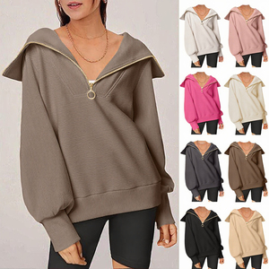 Femmes automne mode quart fermeture éclair pull sweat à capuche surdimensionné à la mode tricoté sweat décontracté imprimé pour adolescent - Product Image 2