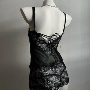 Sexy deep V lingerie see-through seductive nightgown, pure and alluring bodycon lace camisole and strappy nightgown set - Product Image 1