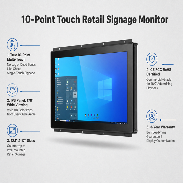 12.1 17 Inch IPS Industrial Multi Touch Monitor 10 Point Touchscreen HD Display Digital Signage Advertising Retail Shop