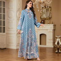 Abaya élégante à col montant, imprimé floral numérique, anti-plis, manches longues, style modeste, robe longue kaftan musulmane, tenue de Ramadan et de l'Aïd