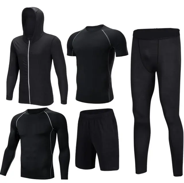 Pantalones de compresión de 5 piezas para hombre, conjunto de camisa y chaqueta de manga larga, traje deportivo para gimnasio