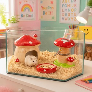 Casa de Cerámica para Hámster con Diseño de Champiñón, Roja con Puntos, Cueva para Mascotas Pequeñas con Tazón de Comida y Botella de Agua para Cobayas y Hámsteres Enanos - Product Image 5