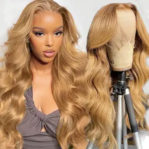 Grosir wig coklat panjang untuk wanita 27 renda depan wig 100 persen rambut manusia Brasil tenun dan wig Afrika Selatan