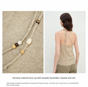 Débardeur sans manches décontracté pour femmes Camisole courte à col licou en lin avec cravate en perles en <span class=keywords><strong>bois</strong></span> et gilet tricoté creux - Product Image 6