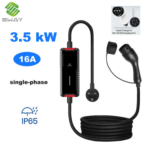 Eway New EV Portable Charging Station 3.5kW 16A Type 2 EV Charger EVSE IP65 5M Cable CE Certified Adjustable Current Home Use