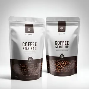 Tas kemasan biji kopi dengan katup dan ritsleting, tas kantong kopi Mylar bawah datar ritsleting Logo mewah