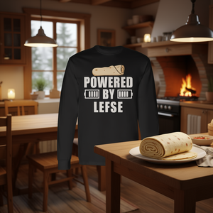 Maglietta a maniche lunghe Powered By Lefse con design del pane piatto norvegese, unisex, girocollo, stampa digitale, abbigliamento promozionale - Product Image 2