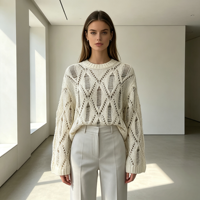 Juliette – Pull en maille blanc à manches longues pour femme, personnalisé OEM & ODM, de haute qualité, style pointelle, pour le loisir, vente en gros