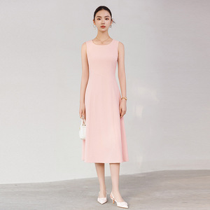 Apricot O-Neck Sleeveless Vest Dress Mid-Length Tight Waist Simple Office Casual Dress - Product Image 2