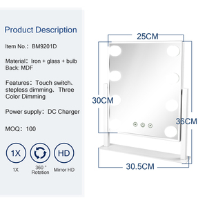 Espejo LED Inteligente <span class=keywords><strong>con</strong></span> Pantalla Táctil BUYWAY, 25x30cm, Vertical, Cuadrado, de Escritorio, <span class=keywords><strong>con</strong></span> 9 Luces, Marco de MDF, Base de Hierro, Schminkspiegel - Product Image 2