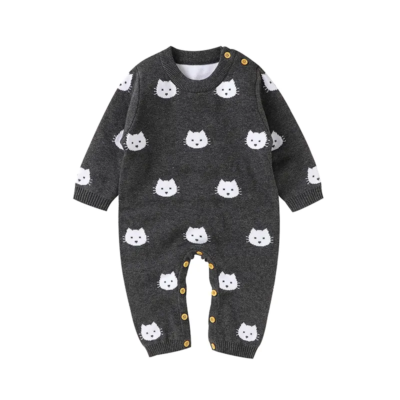 Baixo MOQ 0-24 Meses Roupas de Inverno Do Bebê Bonito Gatinho Pequeno Padrão Romper de Manga Longa para Bebês Algodão Macio ubranka dzieciece