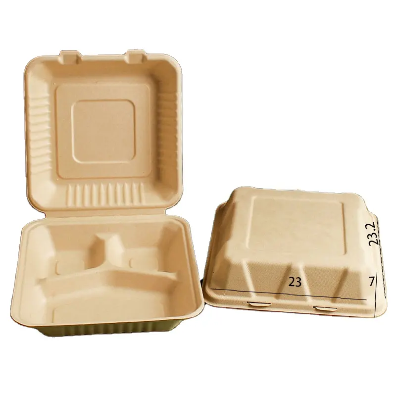 9-inch natural color three grid lock box American Pulp Box Disposable Sandwich Salad White Paper Box