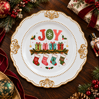 Assiette décorative en plastique de 13 pouces, imprimée UV, motif JOY, avec bordure dorée de luxe, pour la décoration de la salle à manger et du cheminée de Noël