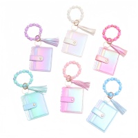 Gelang Kulit+Silikon Manik-Manik Laris Manis, Tempat Kartu Gantungan Kunci Wanita, Dompet Kartu Holografik Warna Macaron, Rumbai Pergelangan Tangan Wanita
