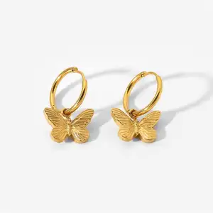 Pendientes de aro de mariposa chapados en oro de 18k, joyería vintage de acero inoxidable, 2023