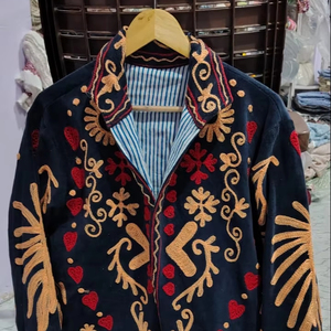 Top Suzani Embroidered Knitted Velvet Bomber Jacket Boho Reversible Letter Detail Vintage Hippie Winter Warm Eco-Friendly - Product Image 1